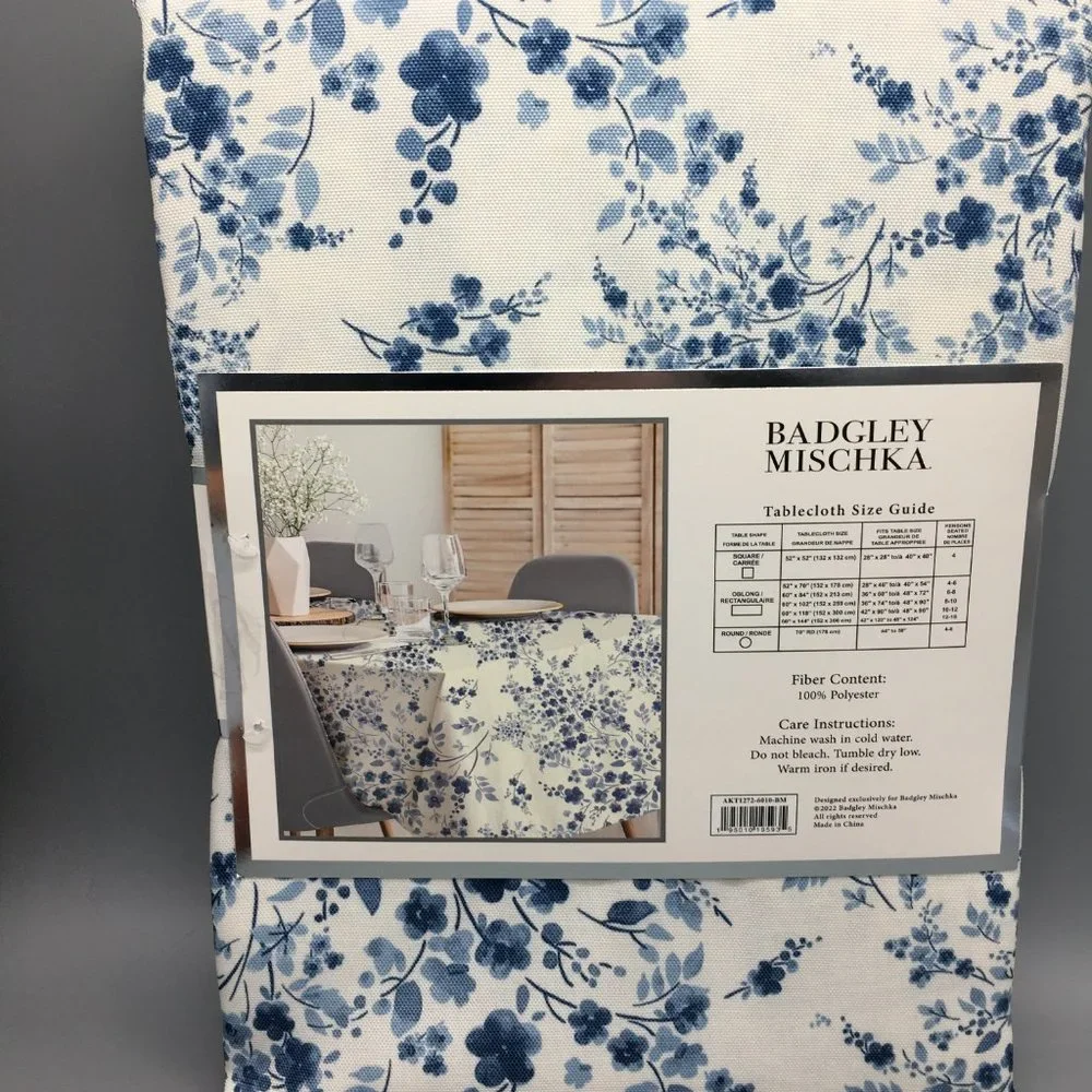 Badgley Mischka Blue Floral Tablecloth 60x102 Indoor Outdoor Country Chic Modern